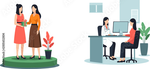 Schilderij op canvas Women Interaction and Professional Consultation Illustration with Gift Exchange,