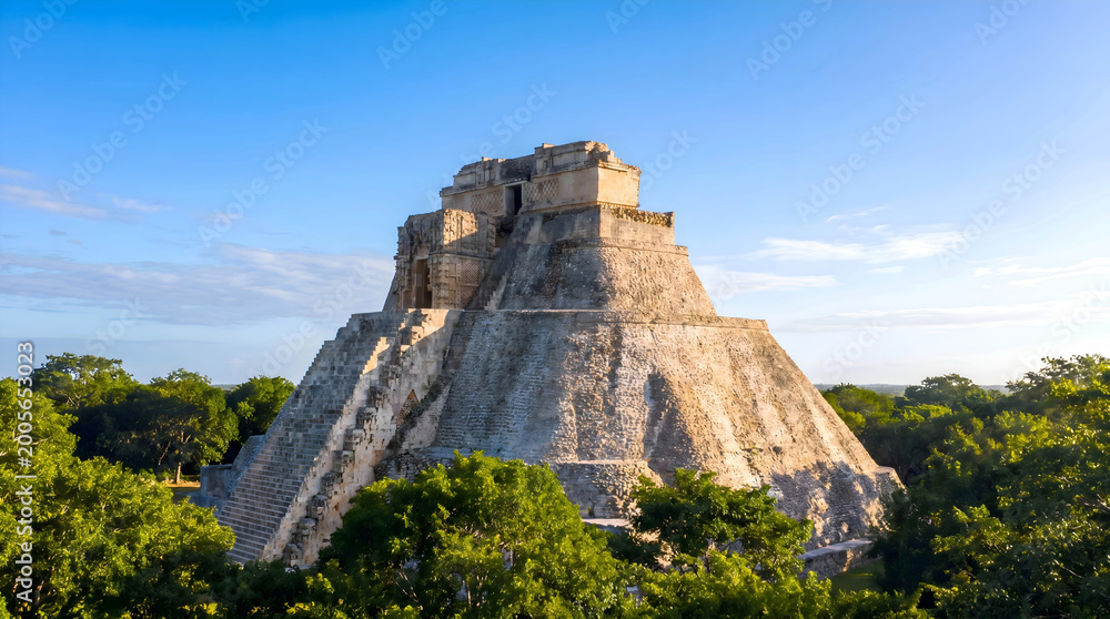 Fototapeta premium Pyramid of the Magician at Uxmal, Mexico with lush green trees
