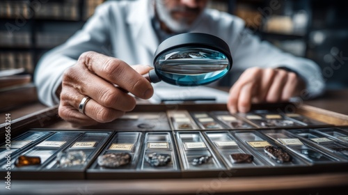 Appraiser Inspecting Gemstones with Loupe in an Organized Display Case