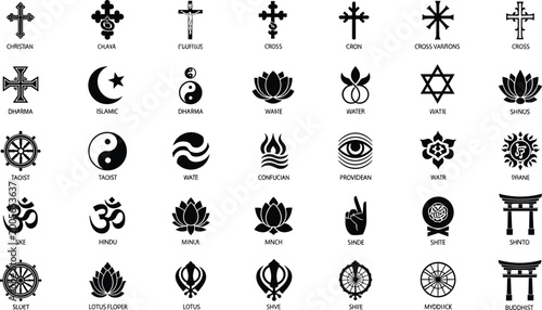 Photos World Religion Symbols Icon Set Featuring Christian Cross, Islamic Crescent, Hin