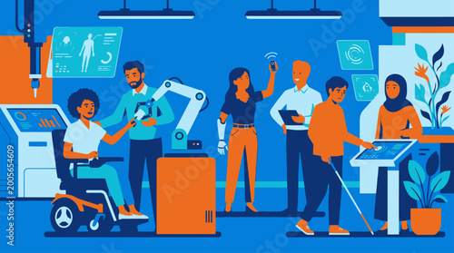Innovating Inclusivity People with Disabilities Interacting with Advanced Technology in a Modern Workspace