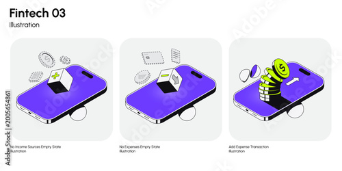 Freelancer finance illustration set designed for modern fintech apps. This collection includes high-quality UI-focused scenes covering income tracking, expense management, empty states. Vector