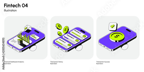 Modern fintech illustration set featuring key financial app scenarios including dashboard analytics, income and expense tracking, and transaction success states. Vector