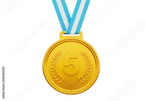 Gold medal with five number and blue ribbon on transparent background