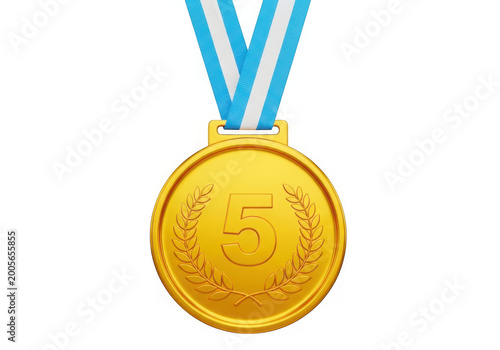 Gold medal with number five and blue ribbon on transparent background