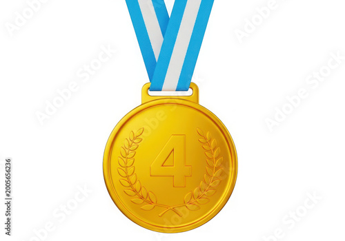 Gold medal with number four and blue ribbon on transparent background