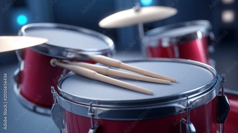 Obraz premium Small Drum Set with Drumsticks Arranged on a Professional Stage Background