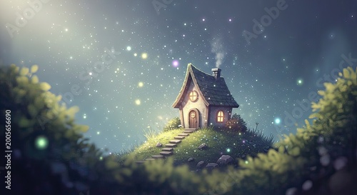 Whimsical Cottage, Enchanted Landscape, Nighttime Scene, Digital Illustration, Fantasy Environment, Serene Viewpoint