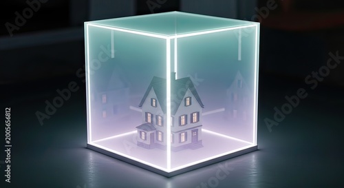 Modern Architectural Model, Illuminated House, Digital Display, 3D Visualization, Contemporary Environment, Aerial Perspective, Futuristic Design