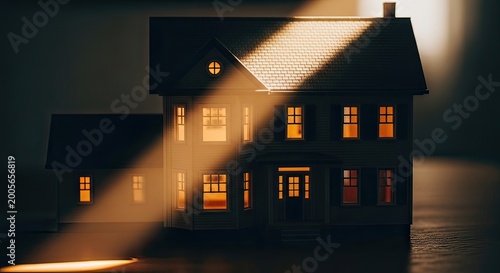 Illuminated Miniature House Model at Night, Architectural Photography, Cozy Atmosphere