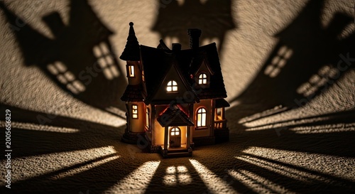 Dramatic Shadows Cast by Miniature House in Artistic Display at Home, Captured in Atmospheric Setting