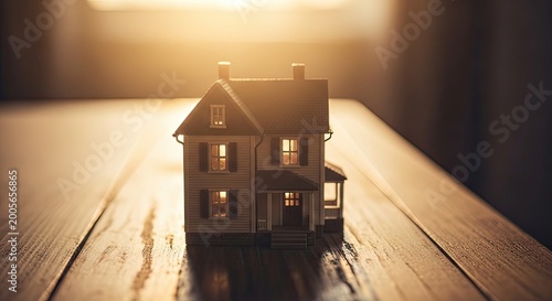 Miniature House Model on Wooden Table at Sunset, Capturing Cozy Home Atmosphere in Soft Natural Light