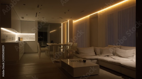 modern apartment ambient lighting hidden led warm glow evening cozy interior soft shadows smart lighting design minimal furniture