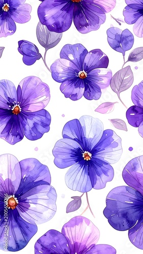 Vibrant watercolor floral pattern with purple flowers