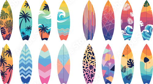 Tableau sur toile Colorful surfboard collection with tropical beach patterns and ocean themed desi