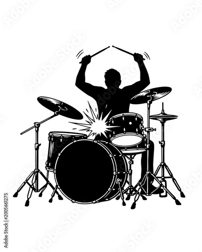 Fotografija Drummer Playing Full Drum Set Silhouette Illustration