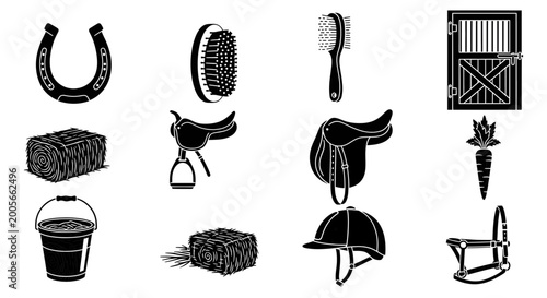 Quadro su tela Black and white illustration set of horse riding equipment and accessories