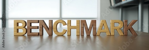 3D wooden benchmark word sitting on a glossy wooden office table with bright window light