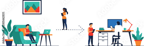Photos Remote work transition from home to office flat vector illustration for hybrid w