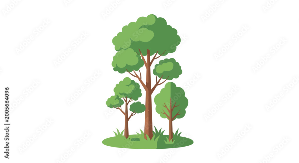 Fototapeta premium Stylized Diverse Green Trees Growing Together on White Background