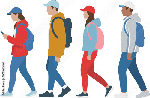 Foto People walking vector illustration set students with backpacks urban lifestyle m