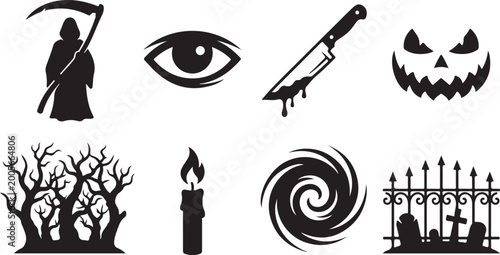 Tableau sur toile Halloween icons, spooky symbols, black silhouettes, creepy graphics, 8 vector el