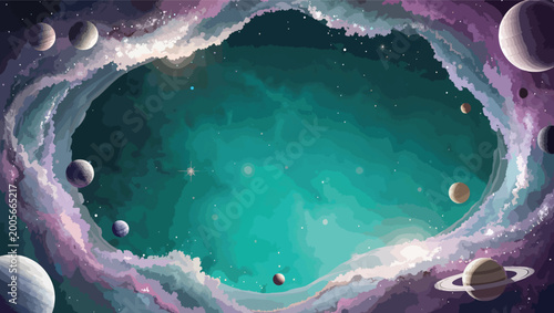 Cosmic nebula and planets in deep space with a central void for copy space forming.