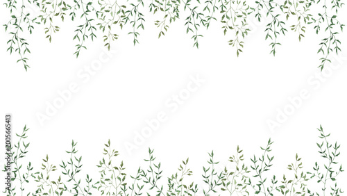 Watercolor hanging greenery border with delicate botanical branches and leaves, elegant natural decoration for invitations, greeting cards, branding, banners and wedding stationery
