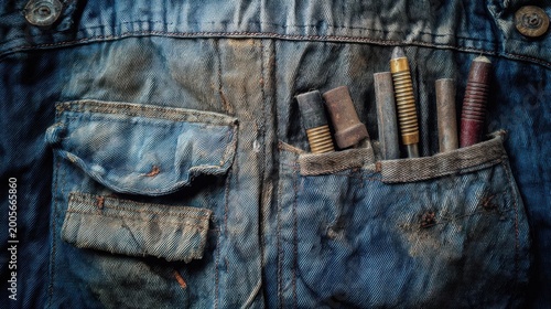 work overalls pockets tools stitching worn fabric industrial clothing authentic use natural light