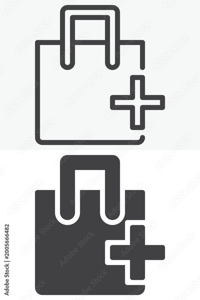 Obraz premium Add shopping bag icon set with plus sign in line, outline and solid style. Editable stroke vector sign and symbol. Bag icon collection for retail design.
