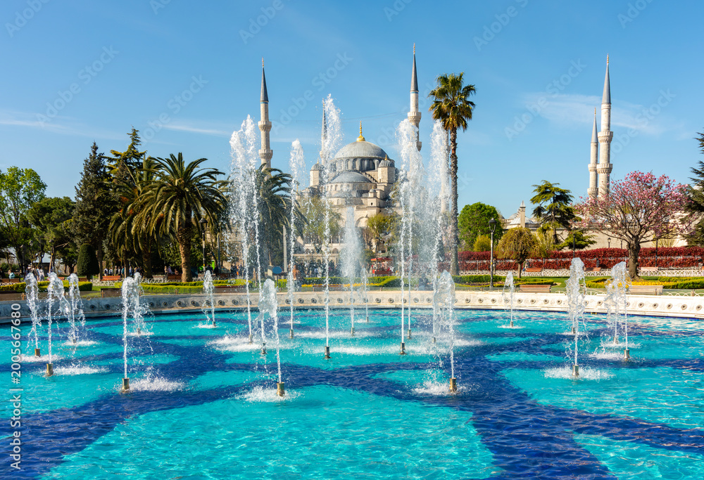 Naklejka premium Sultan Ahmed Blue mosque and fountain in Sultanahmet square, Istanbul, Turkey