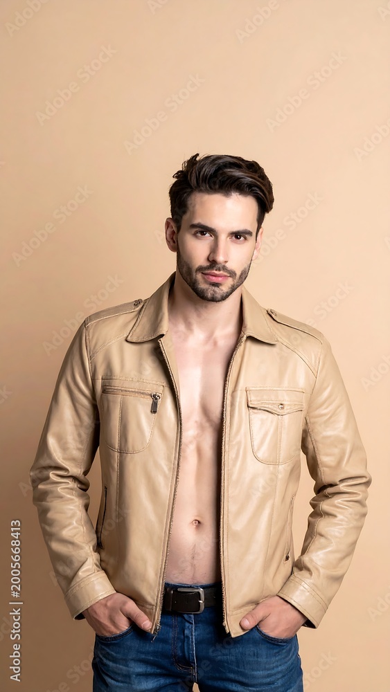 Obraz premium Stylish man in open leather jacket, hands in pockets