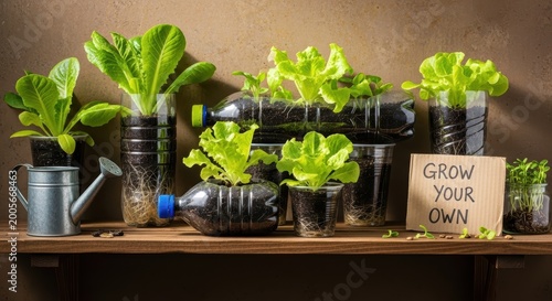 Lettuce plants growing in recycled plastic bottles on wooden shelf with 'Grow Your Own' sign