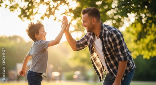 happy father and son giving high five outdoors