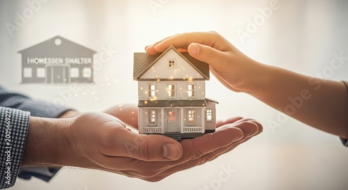Hands holding miniature house with protective gesture