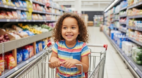 happy girl shopping with colorful cereal box in supermarket aisle