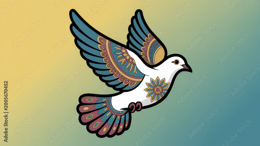 Obraz premium Colorful Decorative Flying Dove Illustration with Floral Patterns and Gradient Background