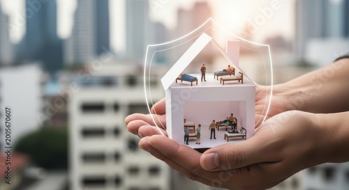 hand holding transparent house model with family cutouts in urban background