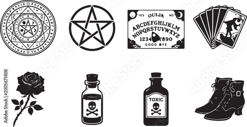 Photos Vintage occult symbols, witchcraft icons, 8 black and white illustrations, mysti