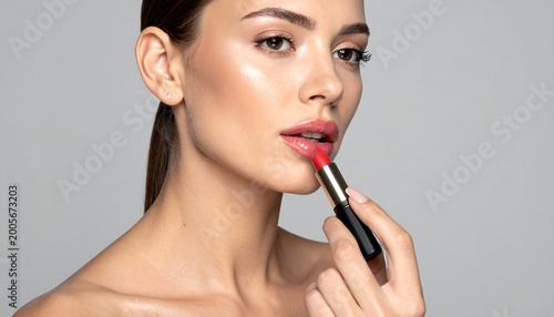 Woman applying glossy red lipstick, close-up portrait