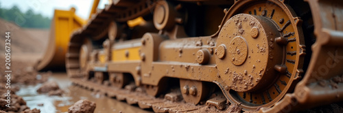Heavy machinery track in muddy construction site showcasing detailed components and operational wear. Close-up of durable track reveals resilience in muddy conditions.