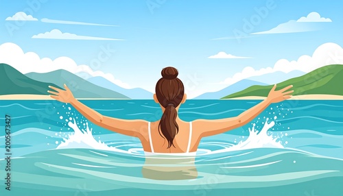 Woman emerges from clear blue water, arms outstretched to the sky