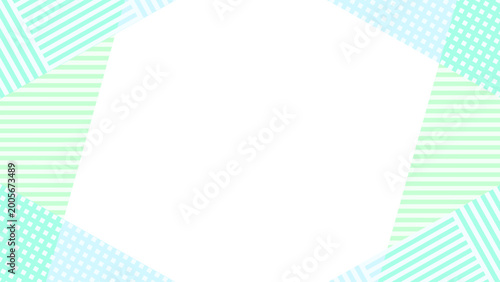 コピースペース付きモダン幾何学フレーム、クリーンなパステルブルーとミントグリーンの背景／Modern geometric frame with copy space, clean pastel blue and mint green background.