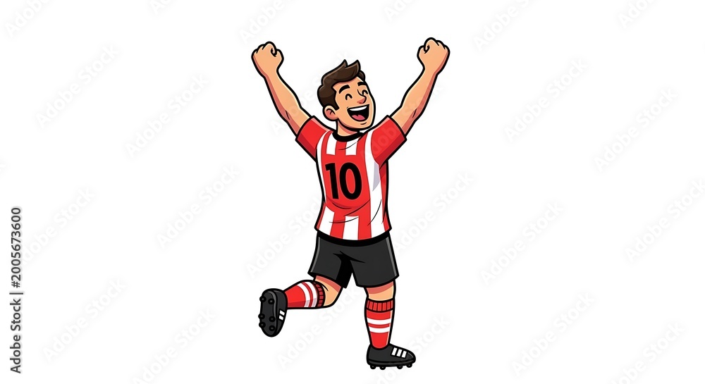 Obraz premium cartoon player celebrating after scoring penalty, arms raised, joyful expression, energetic pose, isolated on pure white background, centered