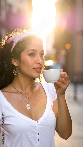 Woman enjoys coffee on sunlit city street