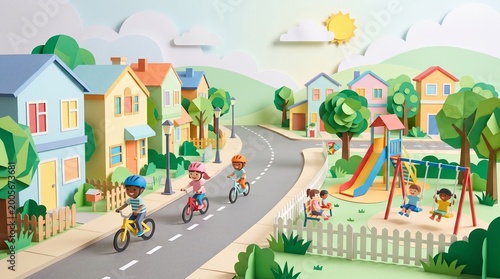 Suburban Neighborhood with Children Biking Papercut Concept Art