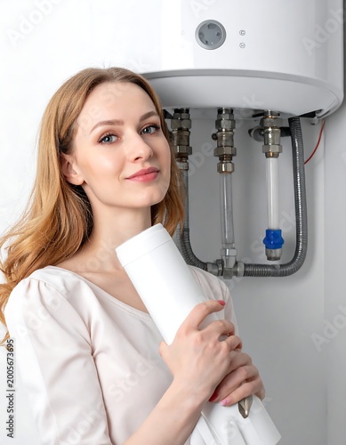 Woman holding water filter near a boiler system