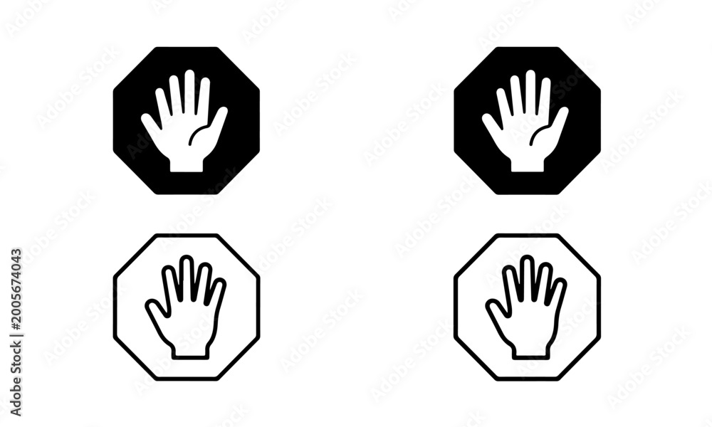 Obraz premium Minimalist Stop Hand Vector Icon Set in Outline and Solid Styles for Prohibited Access and Warning Interface Design