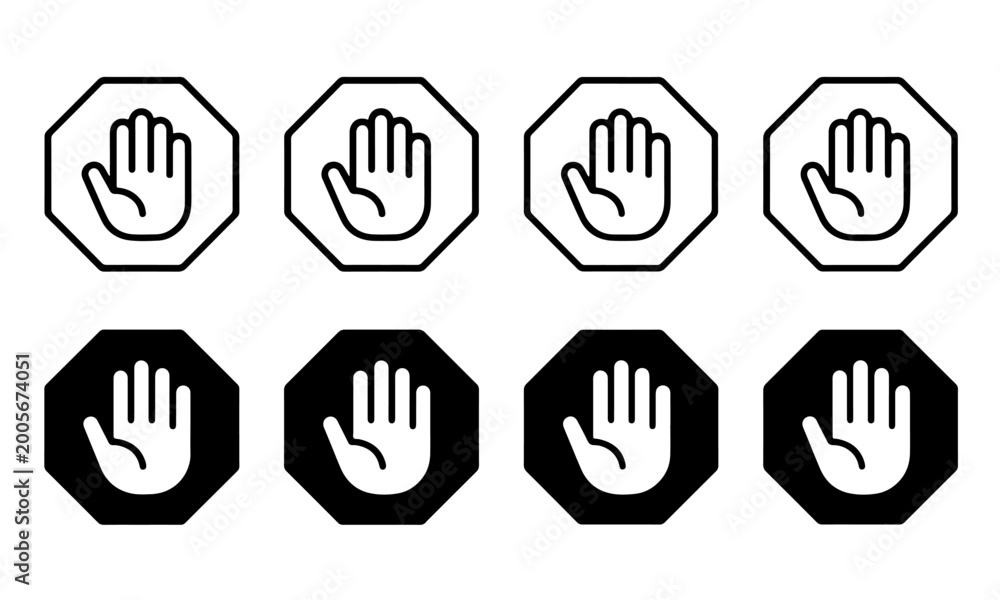 Fototapeta premium Minimalist Stop Hand Vector Icon Set in Outline and Solid Styles for Prohibited Access and Warning UI Design