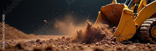 Construction machinery moving dirt with excavator digging on site, yellow equipment creates dust clouds during operation. Heavy machinery in action for construction sites and earthmoving projects.